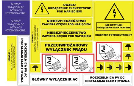 Naklejki ostrzegawcze FOTOWOLTAIKA instalatorskie PV AC DC